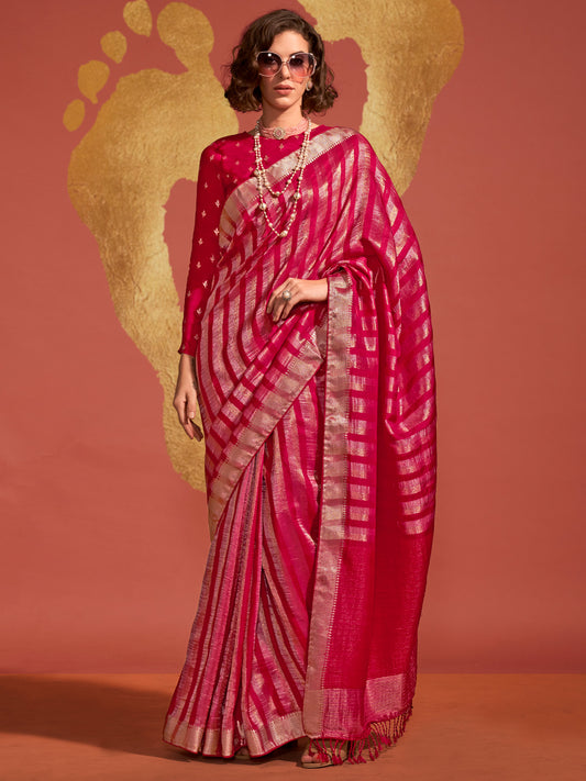 Vibrant Pink Banarasi Silk Blend Saree