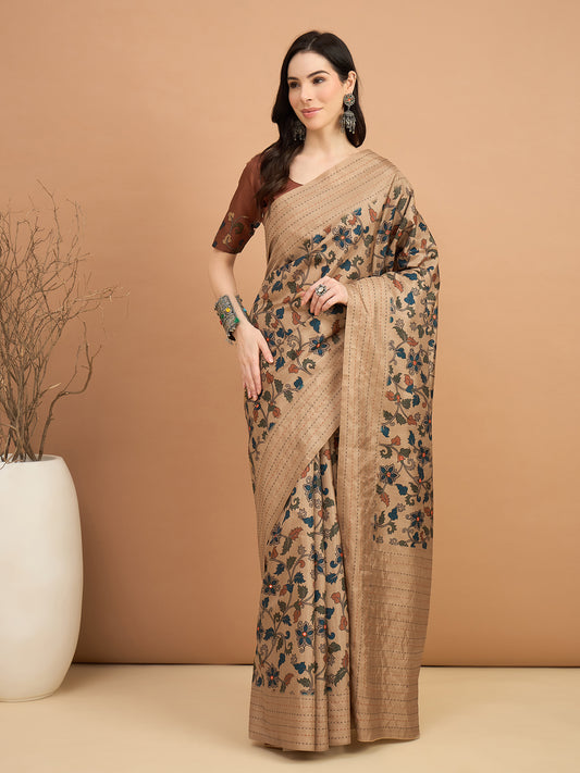 Beige Kalamkari Print Silk Blend Zari Border Saree