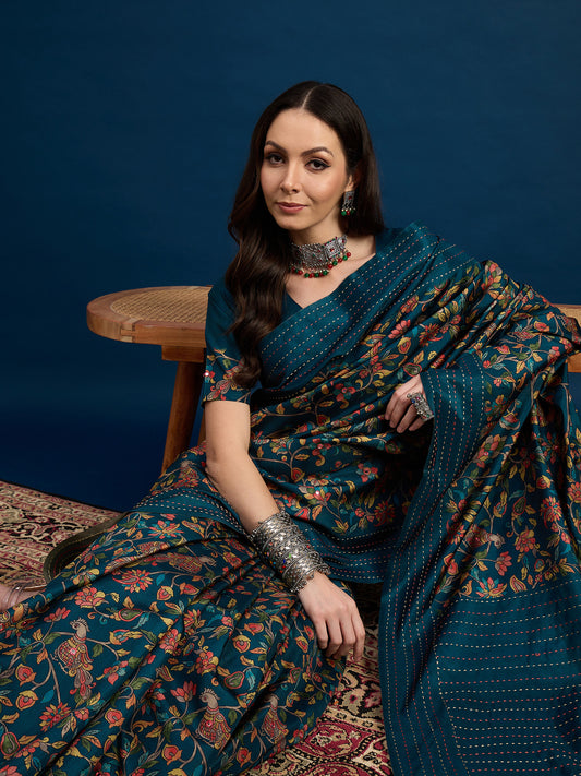 Teal Blue Kalamkari Print Zari Weaving Saree