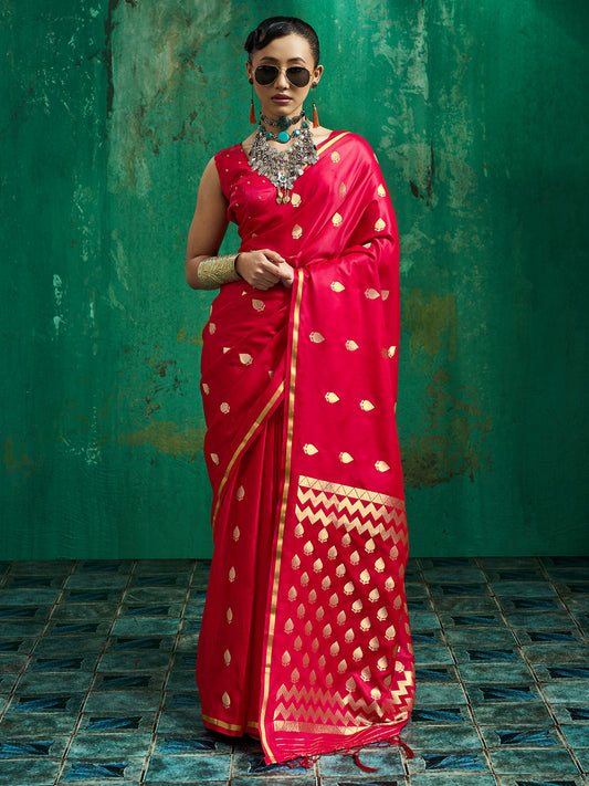Gargi Red Zari Butta Satin Silk Saree with Zari Border & Red Blouse Piece