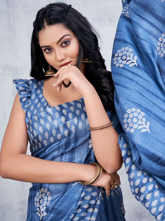 Blue Printed Casual Cotton Blend Saree