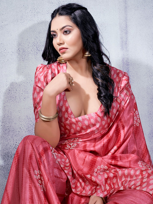 Rose Pink Art Silk Blend Floral & Geometric Print