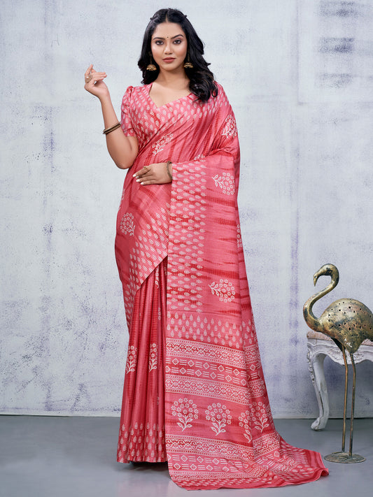 Rose Pink Art Silk Blend Floral & Geometric Print