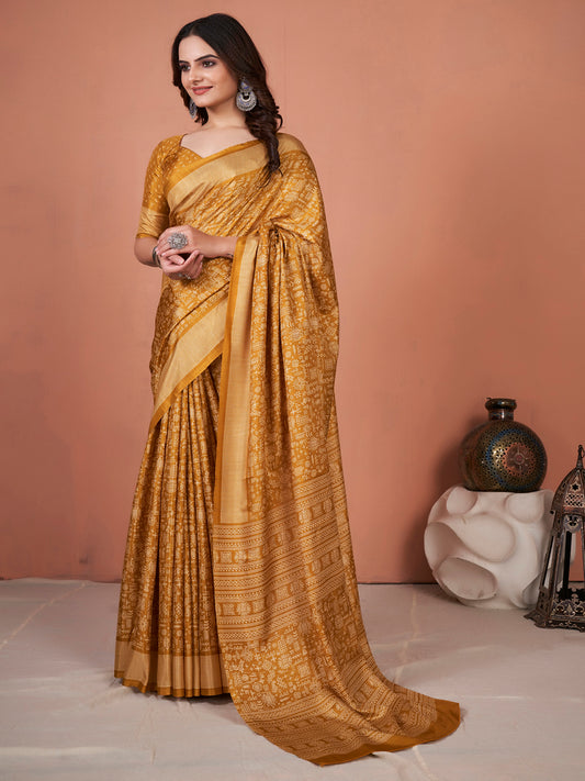 Mustard Gold Art Silk Blend Ethnic Traditional Printed Saree
