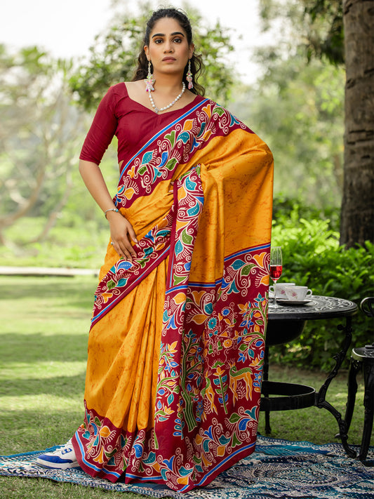 Mustard Yellow & Maroon Silk Blend Floral Border Printed Saree
