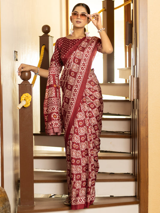 Maroon Silk Floral & Geometric Traditional Print