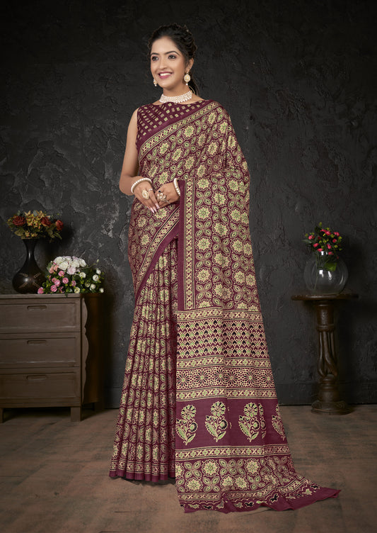 Wine Ajrakh Print Saree