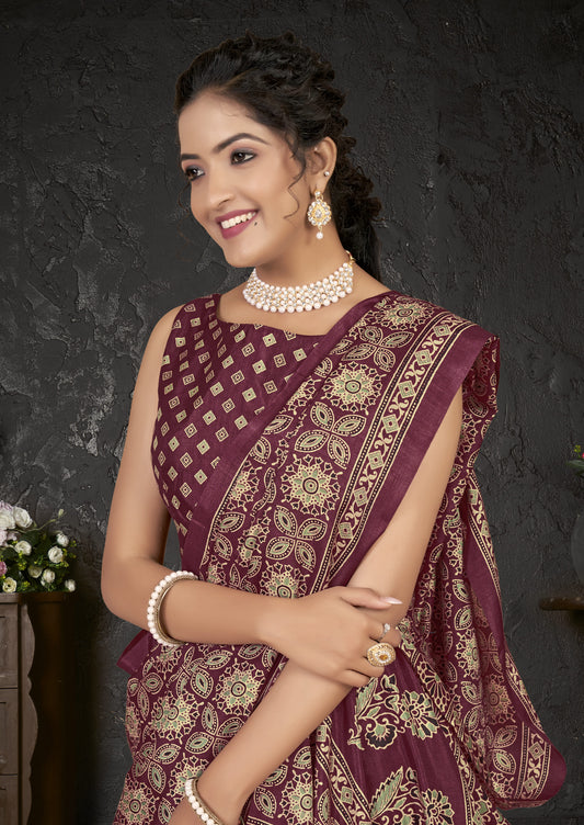 Wine Ajrakh Print Saree