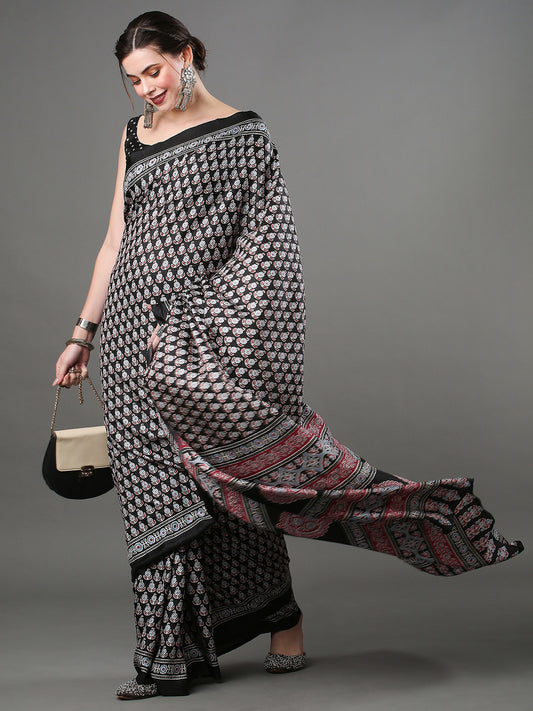 Black Bagh Block Print Cotton Saree