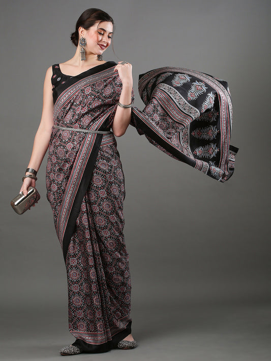 Black Crepe Ajrakh Block Printed Saree