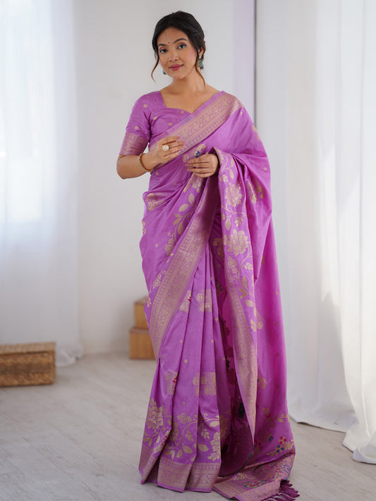 Lilac Silk Blend Banarasi Weave Floral Saree