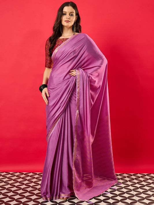 Mauve Pink Satin Silk Solid with Zari Border Blouse Saree