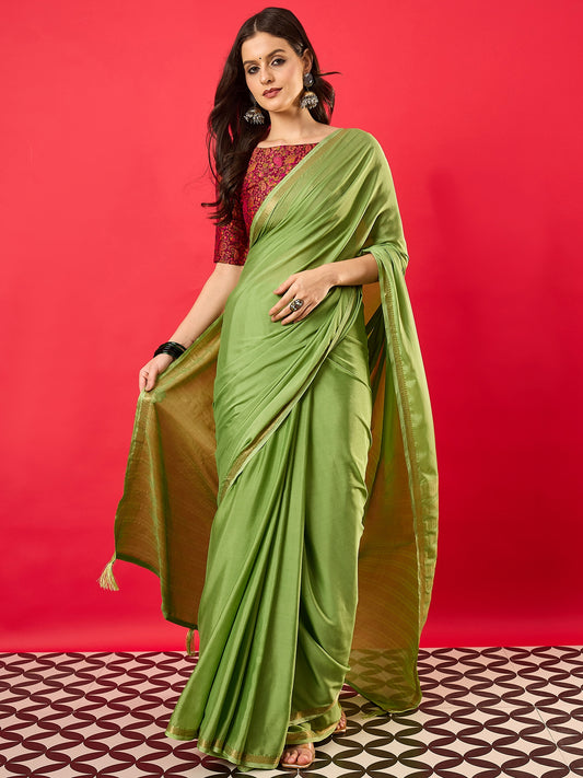 Green Solid Zari Embroidery olyester saree