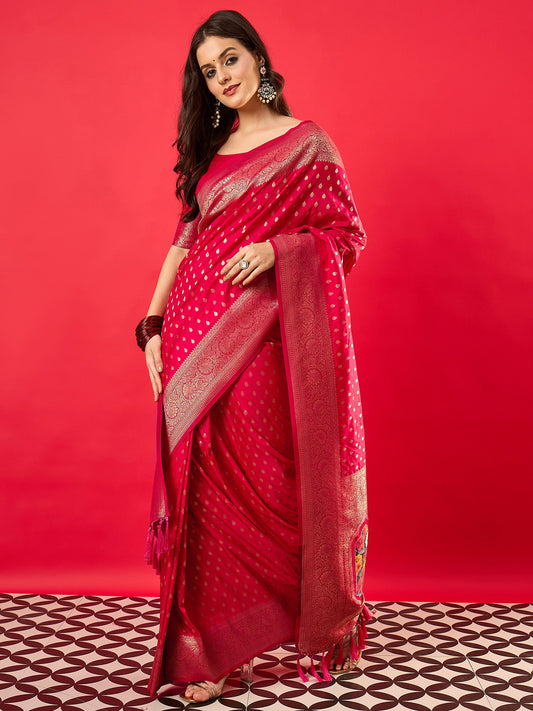 Hot Pink Silk Blend Banarasi Style Zari Woven Saree