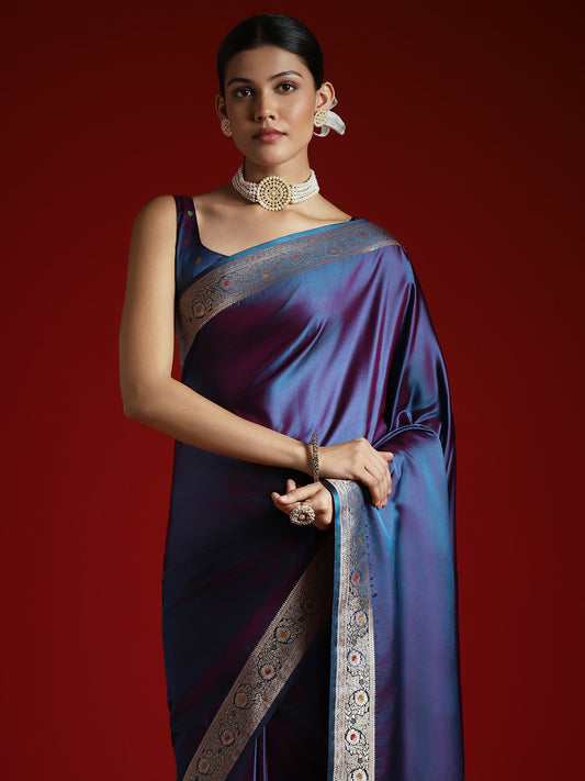 Dual Tone Navy Blue & Purple Pure Silk Saree