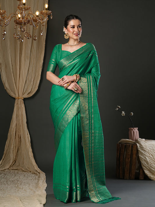 Emerald Green Tissue Silk Saree with Zari Border