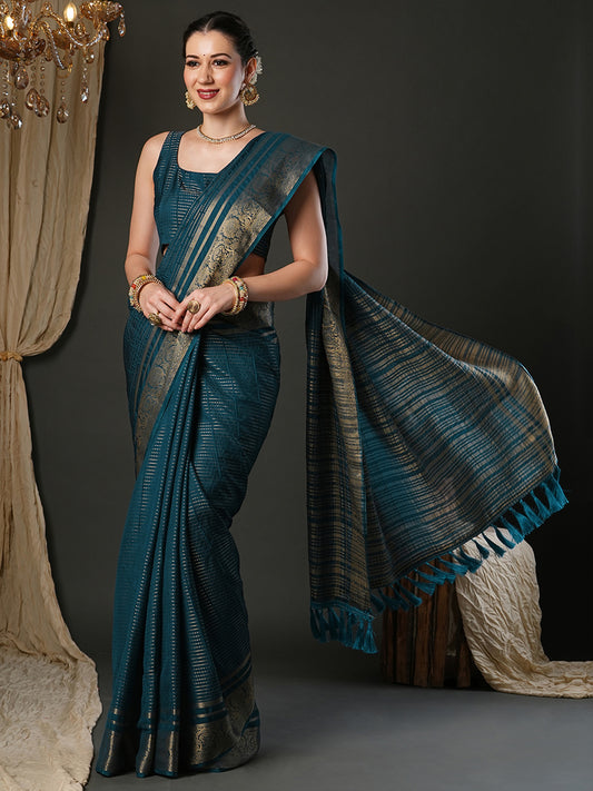 Teal Zari Weave Georgette Saree with Banarasi Border