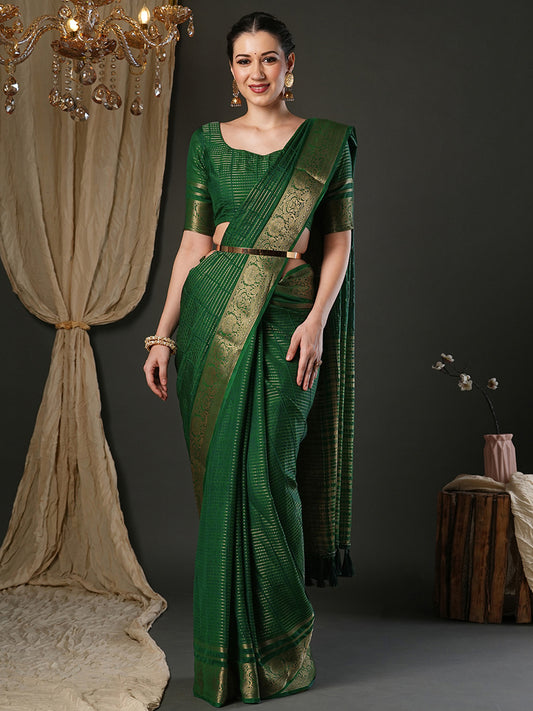 Dark Green Viscose Saree with Zari Border