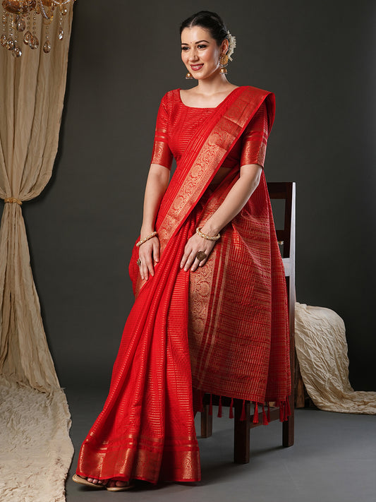 Red Organza Silk Saree with Zari Border & Tassels