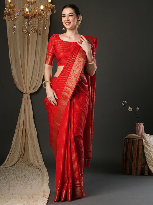 Red Organza Silk Saree with Zari Border & Tassels