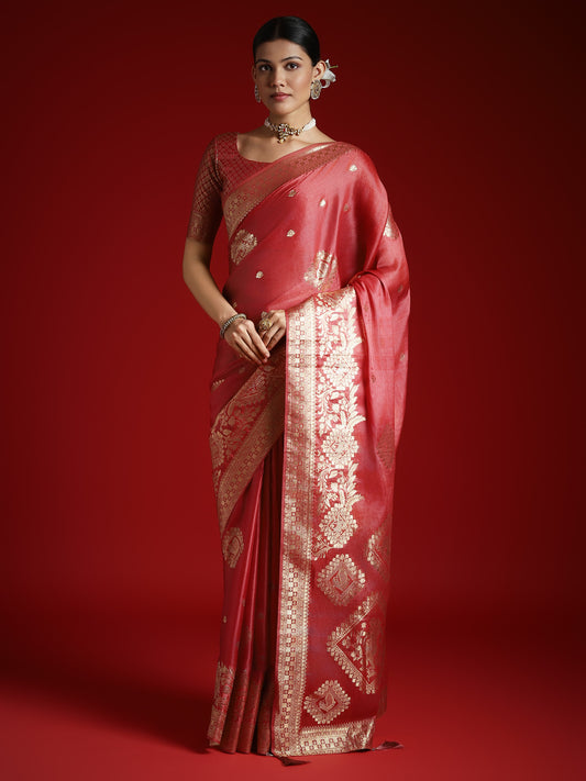 Red Silk Blend Heritage Banarasi Style Saree