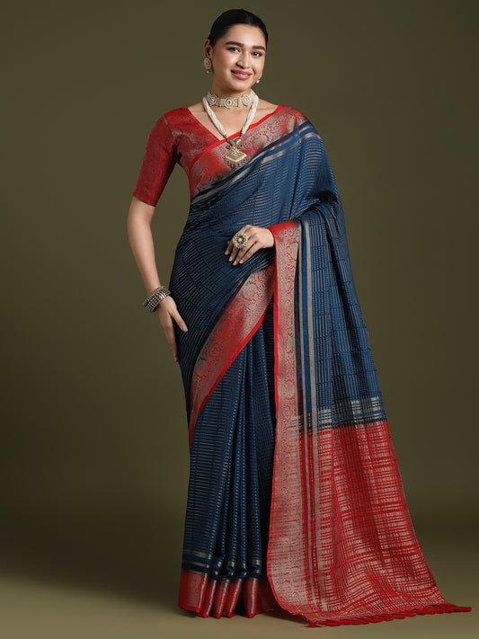 Navy Blue Banarasi Silk Saree with Red Zari Border & Blouse