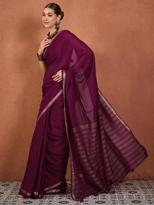 Wine Georgette Saree with Zari Border & Brocade Blouse