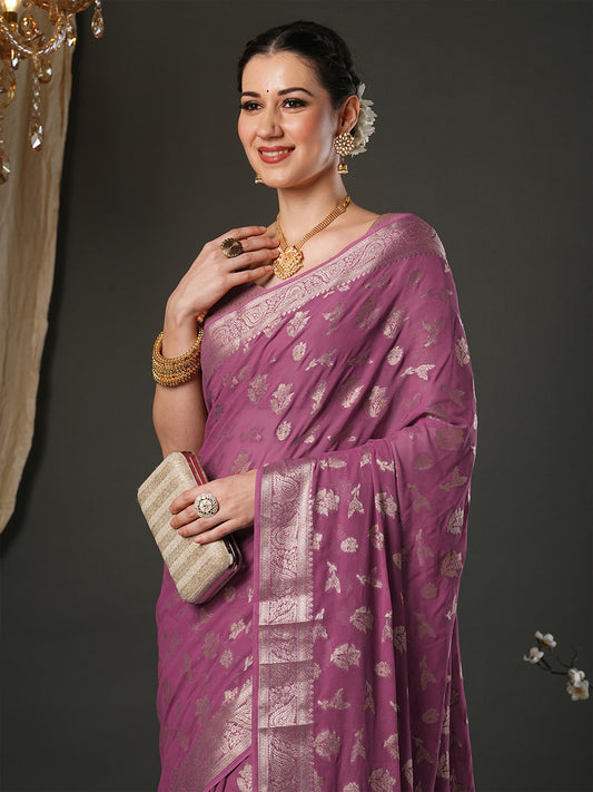 Woven Design Zari Mauve Georgette Banarasi Saree