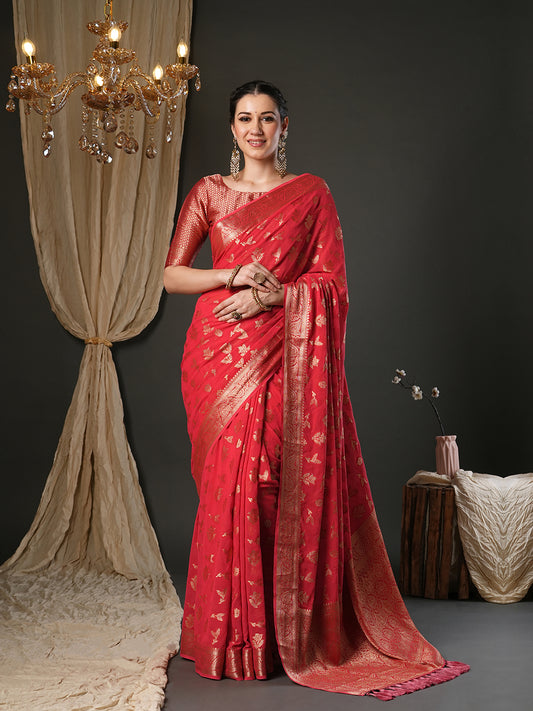 Red Silk Blend Heritage Banarasi Style Zari Woven