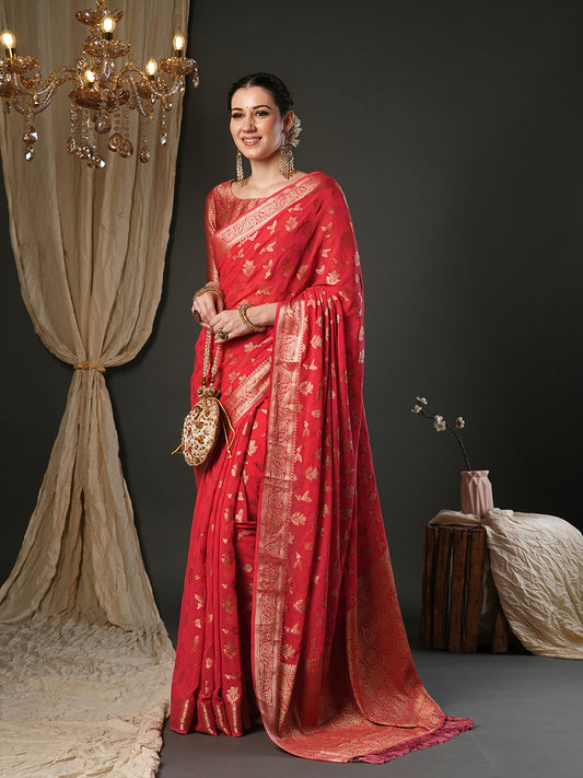 Red Silk Blend Heritage Banarasi Style Zari Woven