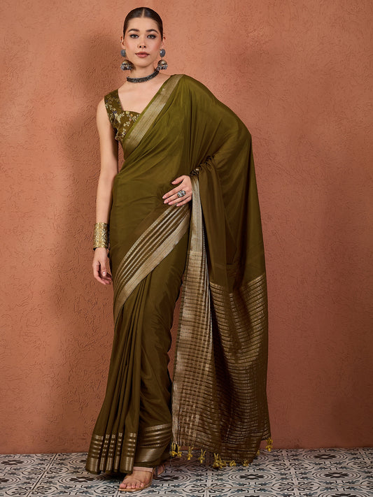 Olive Green Tissue Silk Saree with Zari Border