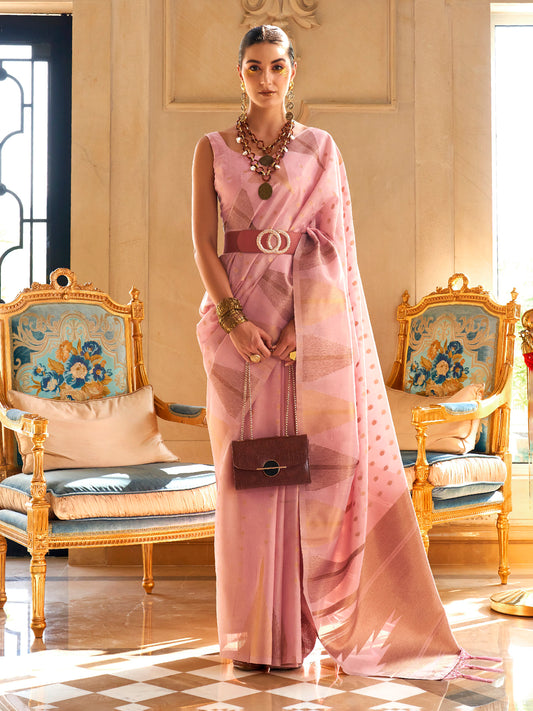 Pink Silk Blend Heritage Handloom Style Saree