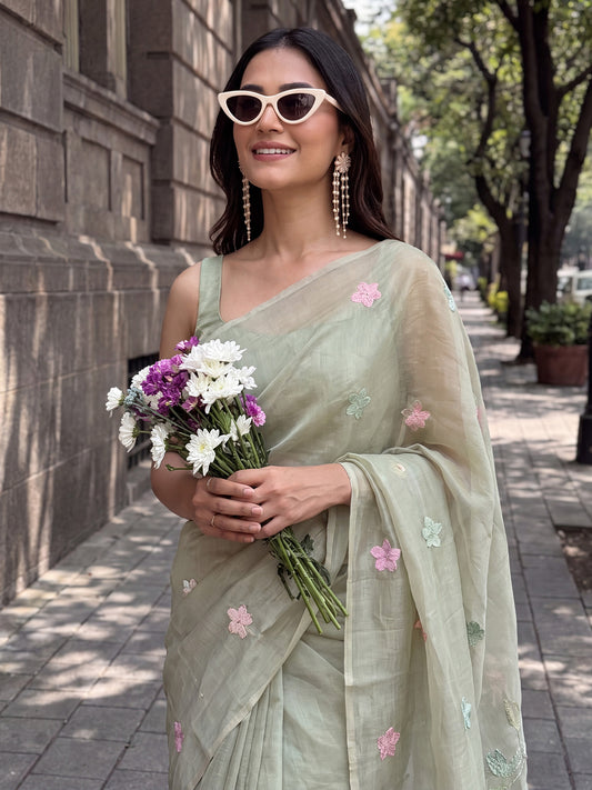 Sage Green Multicolor Floral Embroidery Tissue Saree