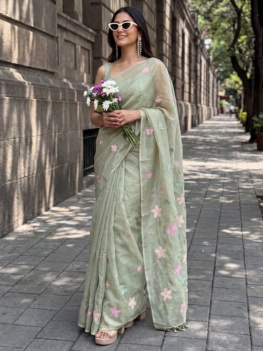 Sage Green Multicolor Floral Embroidery Tissue Saree