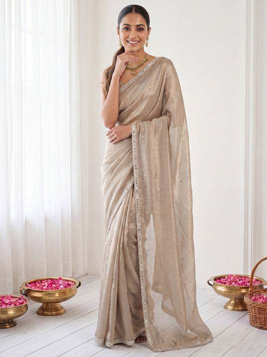 Beige Mirror & Sequence Embroidery Satin Saree