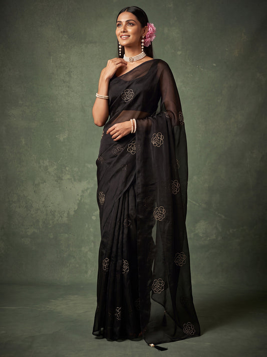 Black Golden Rose Motif Embroidery Satin Saree