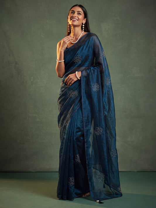 Teal Blue Tonal Rose Motif Embroidery Satin Saree