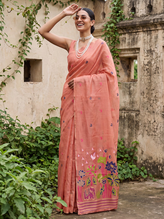 Peach Multicolor Elephant & Lotus Woven Pallu Cotton Saree