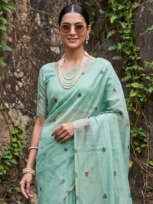Mint Green Multicolor Elephant & Crane Woven Cotton Saree