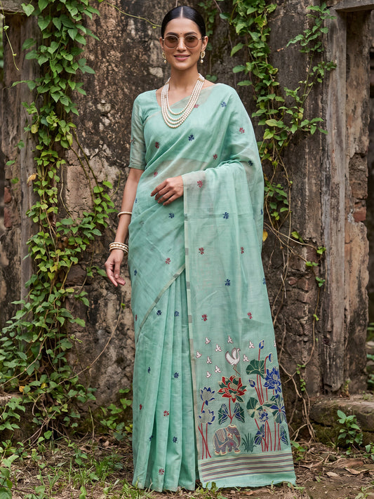Mint Green Multicolor Elephant & Crane Woven Cotton Saree