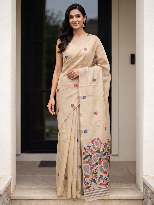 Beige Multicolor Large Floral Cotton Saree