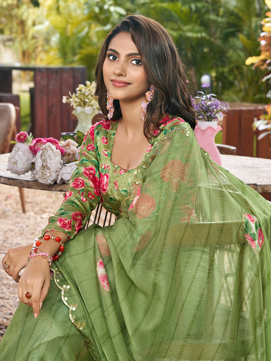 Olive Green Floral Printed Embroidery Chiffon Saree
