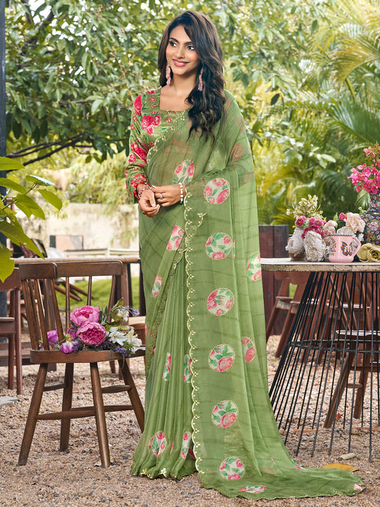 Olive Green Floral Printed Embroidery Chiffon Saree