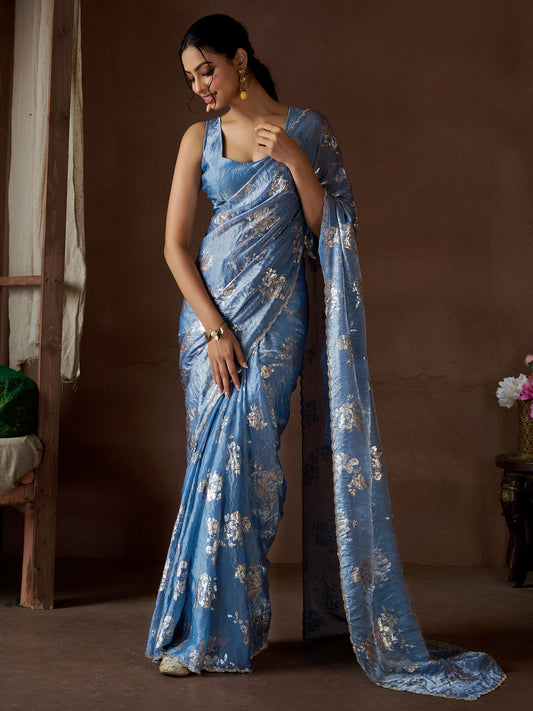 Light Blue Pure Silk Party Wear Saree