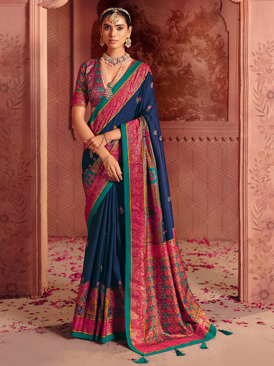 Navy Blue Silk Saree with Pink Patola Border