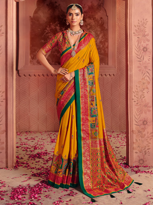 Mustard Yellow Patola Silk Saree with Meenakari Weave