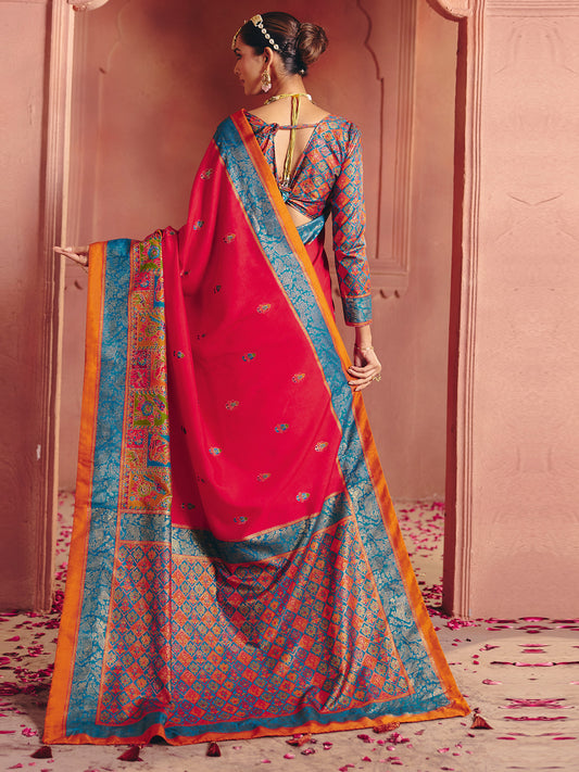 Rani Silk Saree with Meenakari Weave & Contrast Blouse