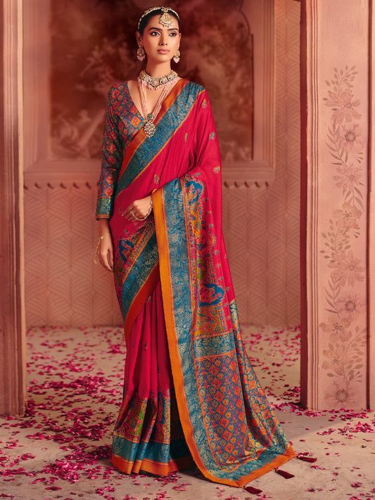 Rani Silk Saree with Meenakari Weave & Contrast Blouse