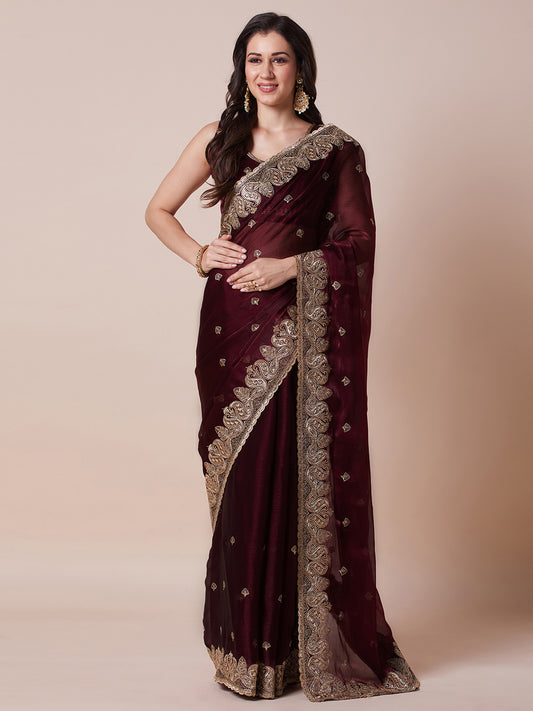 Wine Organza Embroidered Saree with Matching Blouse