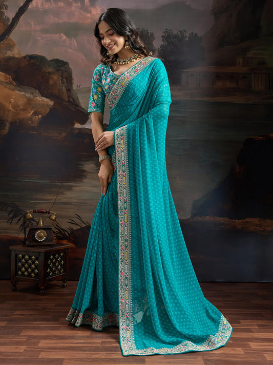 Teal Blue Bandhani Georgette Saree